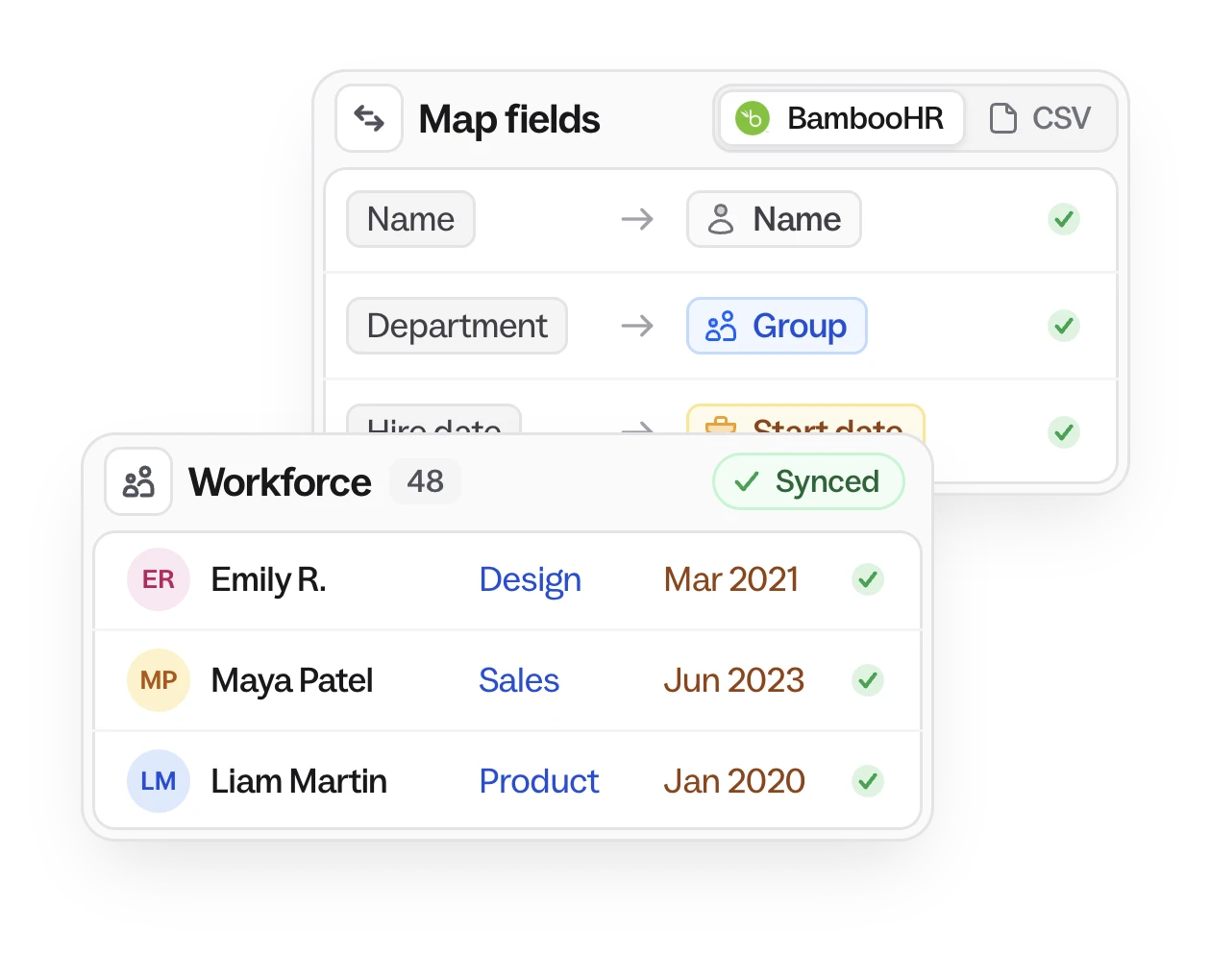 Fields from BambooHR or a CSV mapped to Teambrite, with the synced employees